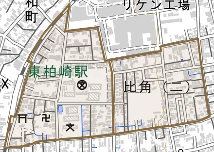 比角とその周辺の地図。町の範囲を重ねている