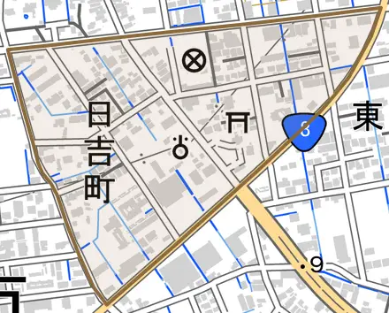 日吉町とその周辺の地図。町の範囲を重ねている