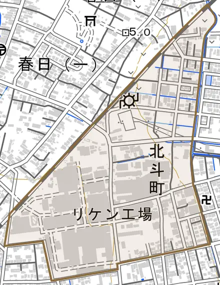 北斗町とその周辺の地図。町の範囲を重ねている
