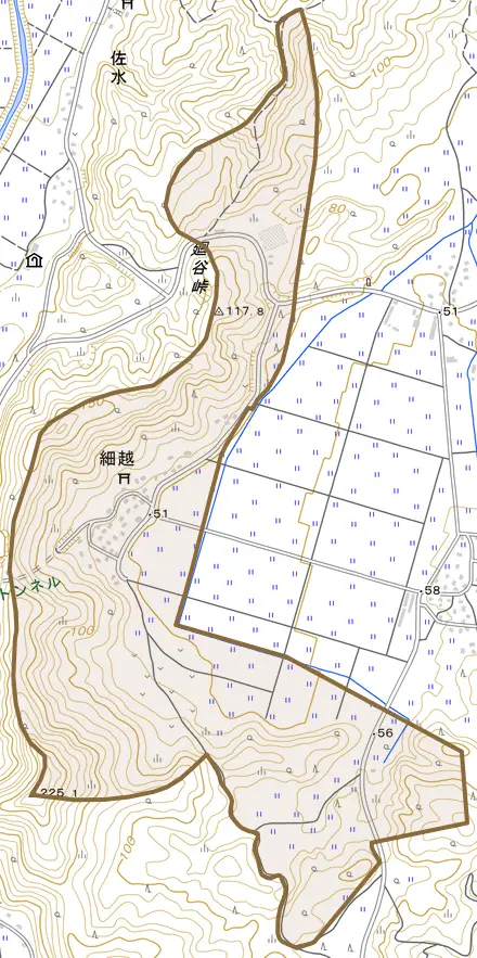 大字細越とその周辺の地図。町の範囲を重ねている