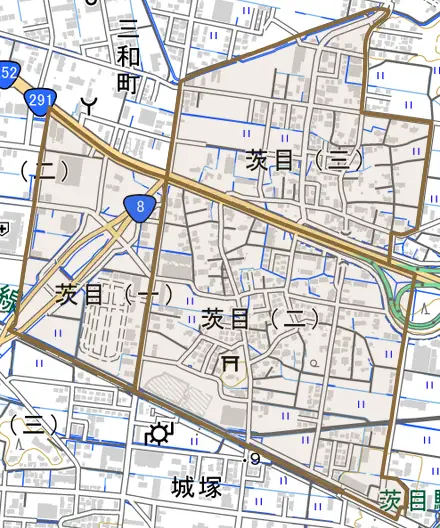 茨目とその周辺の地図。町の範囲を重ねている