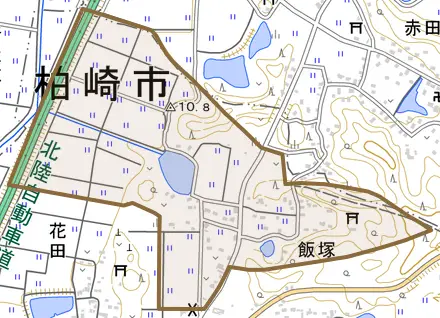 大字飯塚とその周辺の地図。町の範囲を重ねている