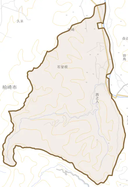 大字石曽根とその周辺の地図。町の範囲を重ねている