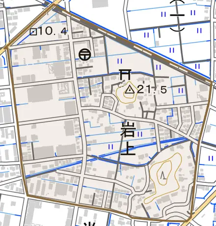 岩上とその周辺の地図。町の範囲を重ねている