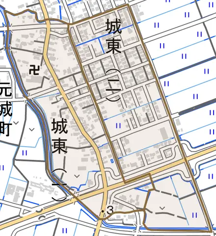 城東とその周辺の地図。町の範囲を重ねている