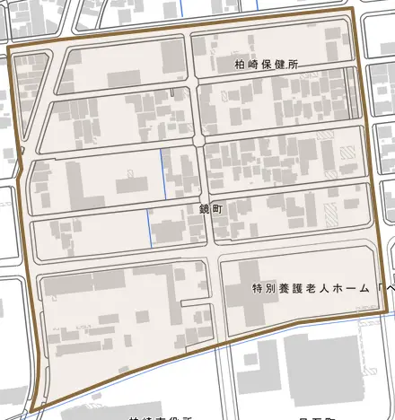 鏡町とその周辺の地図。町の範囲を重ねている