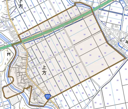 大字上方とその周辺の地図。町の範囲を重ねている