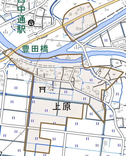 大字上原とその周辺の地図。町の範囲を重ねている