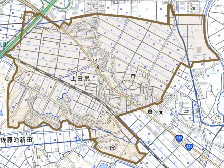 大字上田尻とその周辺の地図。町の範囲を重ねている