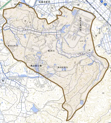 大字軽井川とその周辺の地図。町の範囲を重ねている