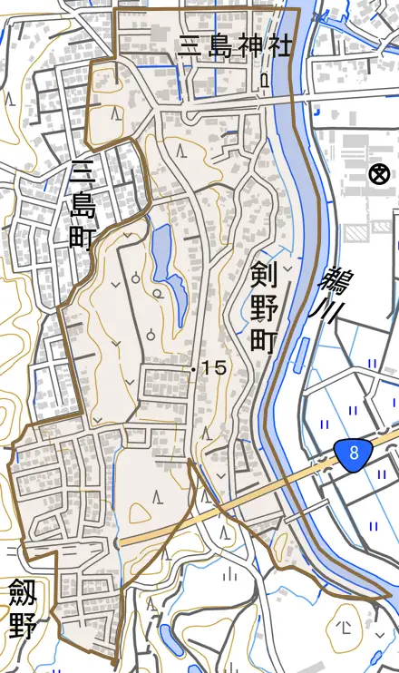 剣野町とその周辺の地図。町の範囲を重ねている