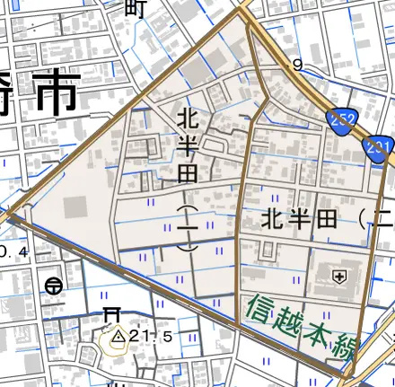 北半田とその周辺の地図。町の範囲を重ねている