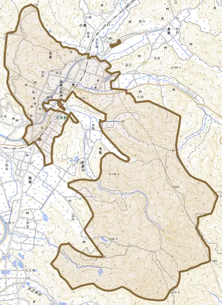大字北条とその周辺の地図。町の範囲を重ねている