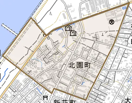 北園町とその周辺の地図。町の範囲を重ねている