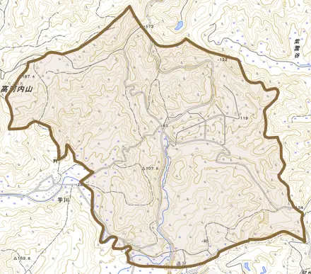 大字小田山新田とその周辺の地図。町の範囲を重ねている