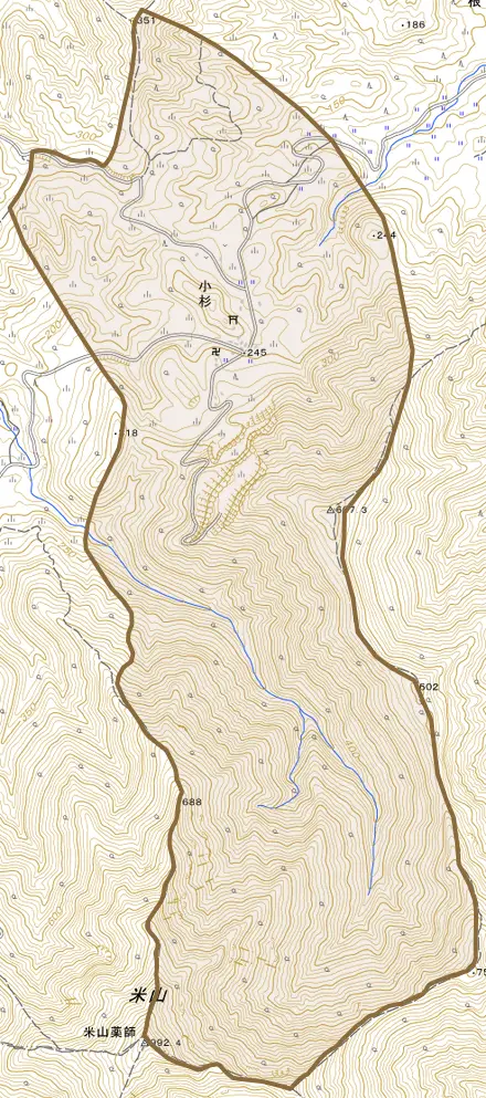 大字小杉とその周辺の地図。町の範囲を重ねている