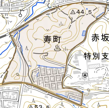 寿町とその周辺の地図。町の範囲を重ねている