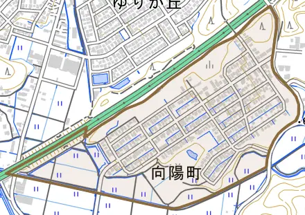 向陽町とその周辺の地図。町の範囲を重ねている