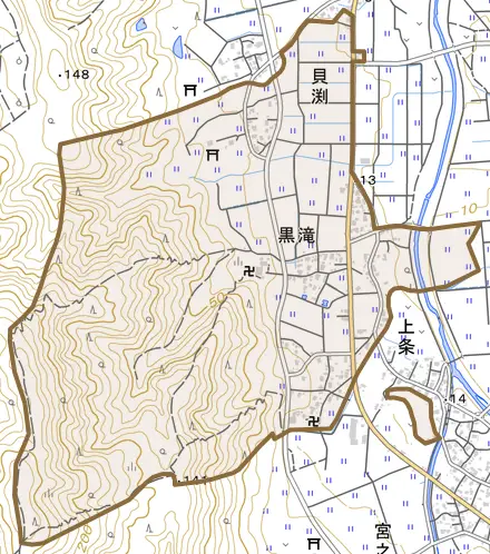 大字黒滝とその周辺の地図。町の範囲を重ねている