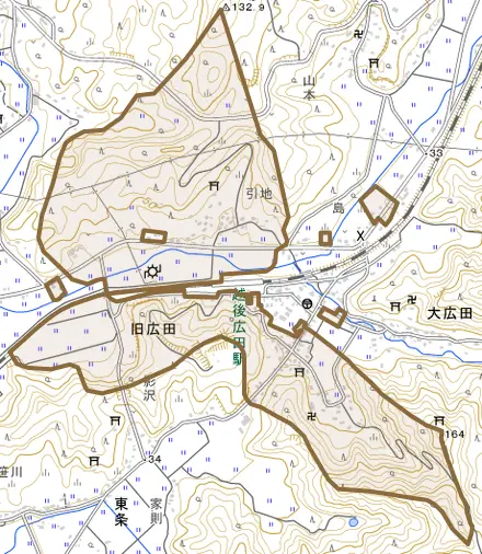 大字旧広田とその周辺の地図。町の範囲を重ねている