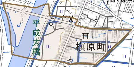 槇原町とその周辺の地図。町の範囲を重ねている
