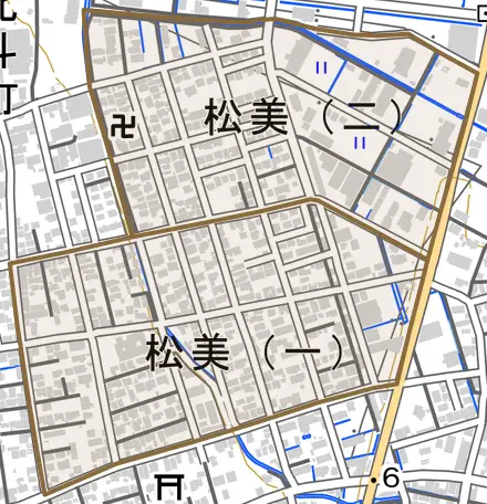 松美とその周辺の地図。町の範囲を重ねている