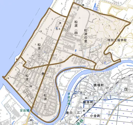 松波とその周辺の地図。町の範囲を重ねている