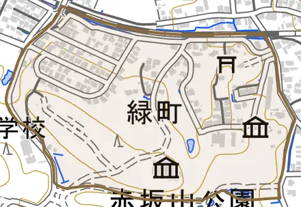 緑町とその周辺の地図。町の範囲を重ねている
