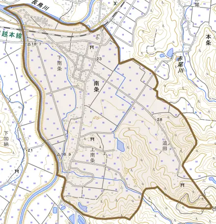 大字南条とその周辺の地図。町の範囲を重ねている