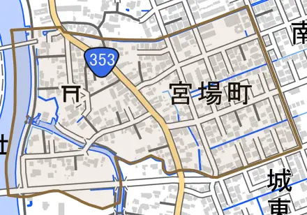宮場町とその周辺の地図。町の範囲を重ねている