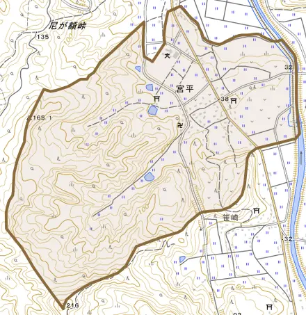 大字宮平とその周辺の地図。町の範囲を重ねている
