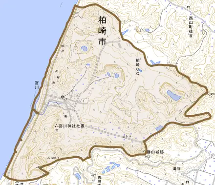 大字宮川とその周辺の地図。町の範囲を重ねている