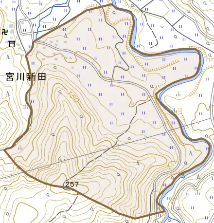 大字宮川新田とその周辺の地図。町の範囲を重ねている
