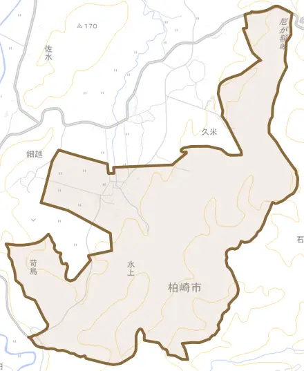 大字水上とその周辺の地図。町の範囲を重ねている