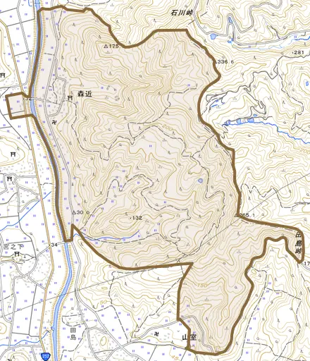 大字森近とその周辺の地図。町の範囲を重ねている
