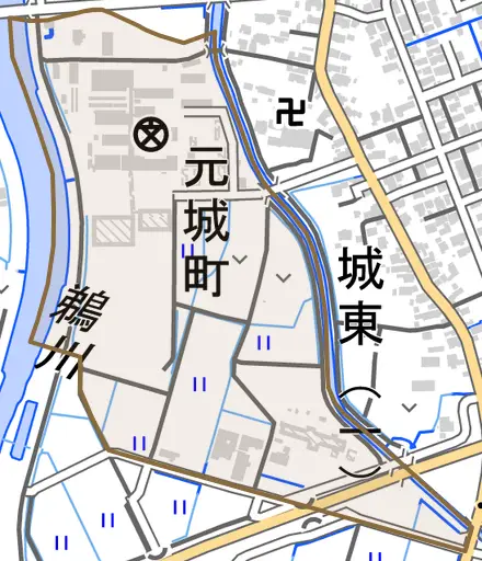 元城町とその周辺の地図。町の範囲を重ねている