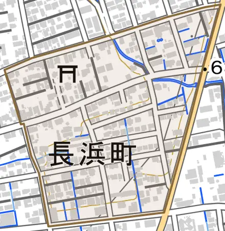 長浜町とその周辺の地図。町の範囲を重ねている