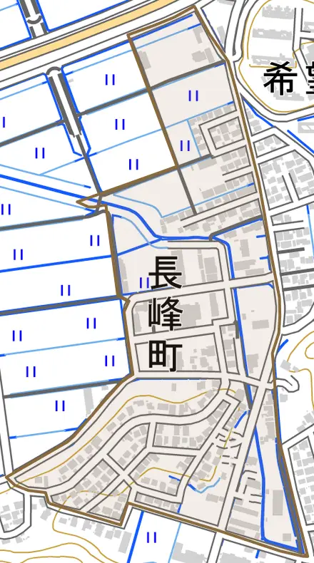 長峰町とその周辺の地図。町の範囲を重ねている