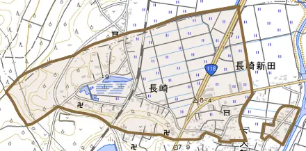 大字長崎とその周辺の地図。町の範囲を重ねている