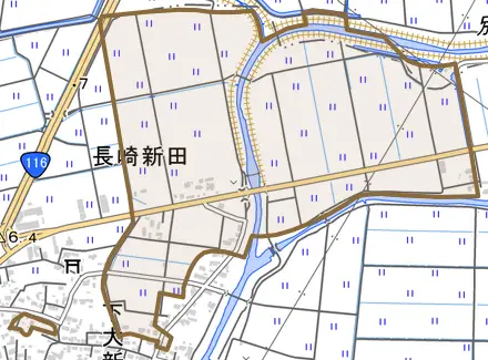 大字長崎新田とその周辺の地図。町の範囲を重ねている
