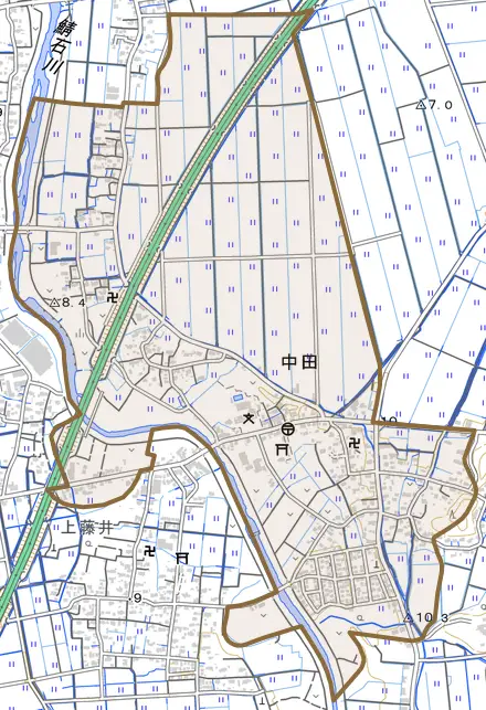 大字中田とその周辺の地図。町の範囲を重ねている