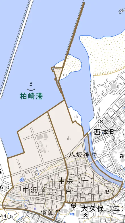 中浜とその周辺の地図。町の範囲を重ねている