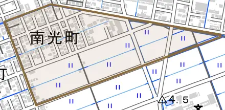 南光町とその周辺の地図。町の範囲を重ねている