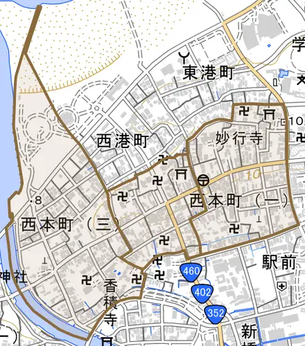 西本町とその周辺の地図。町の範囲を重ねている