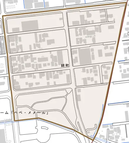 錦町とその周辺の地図。町の範囲を重ねている