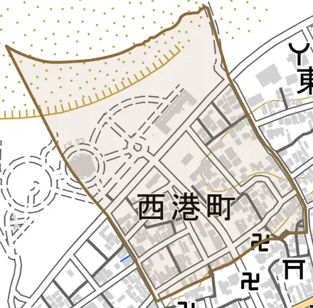 西港町とその周辺の地図。町の範囲を重ねている