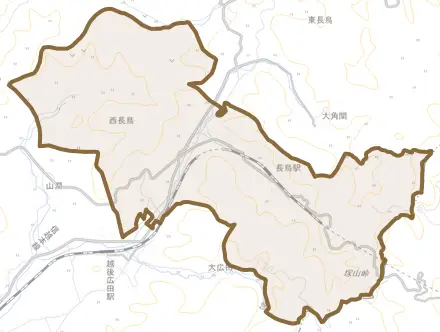 大字西長鳥とその周辺の地図。町の範囲を重ねている