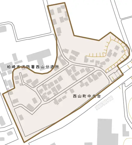 西山町中央台とその周辺の地図。町の範囲を重ねている