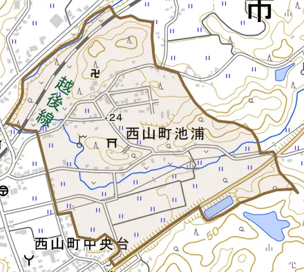 西山町池浦とその周辺の地図。町の範囲を重ねている
