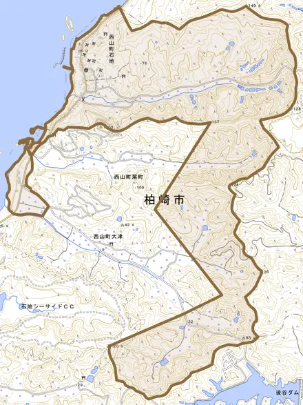 西山町石地とその周辺の地図。町の範囲を重ねている